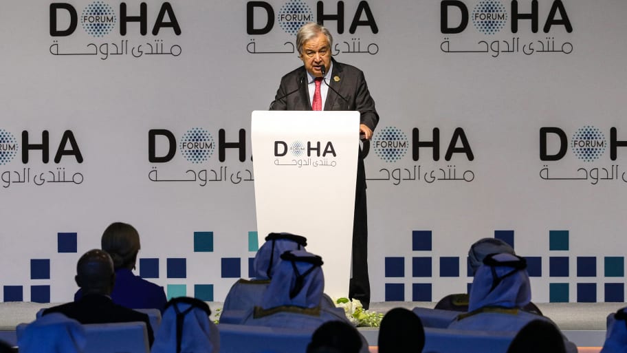 UN Secretary-General Antonio Guterres delivers an address during the opening session of the Doha Forum