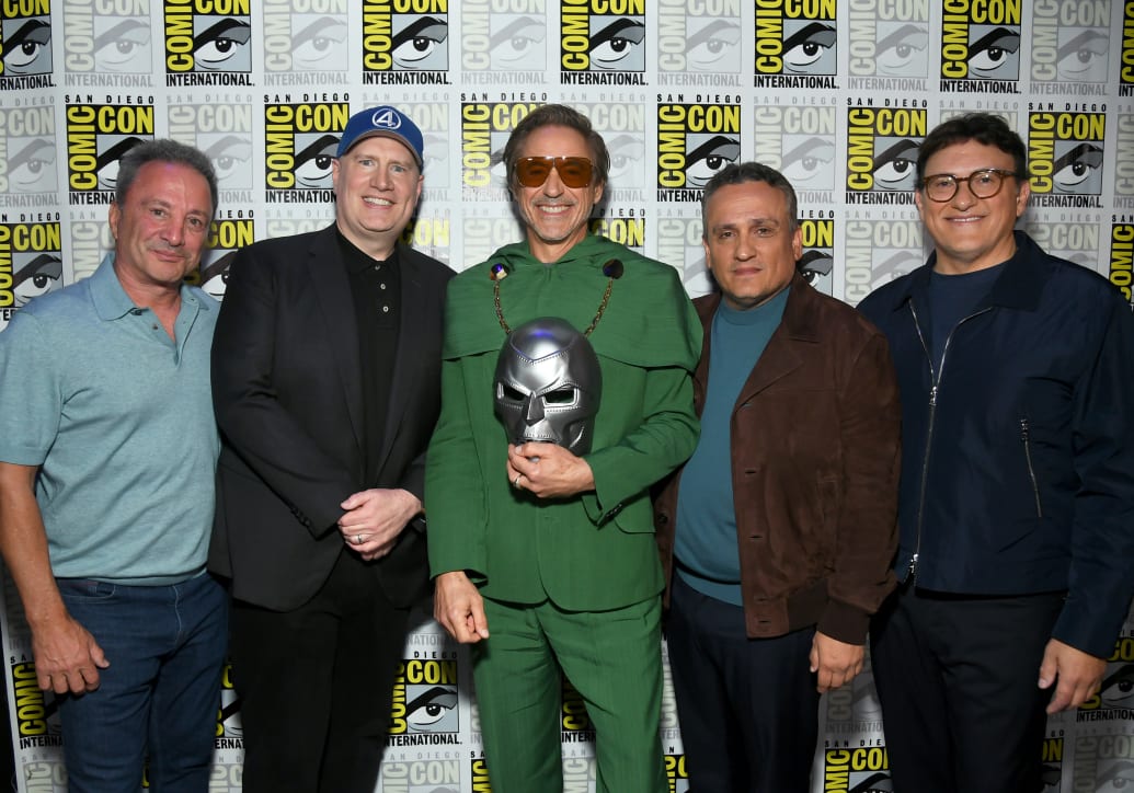 A photo of Louis D'Esposito, Co-President, Marvel Studios, Kevin Feige, President, Marvel Studios, Robert Downey Jr., Joe Russo and Anthony Russo 