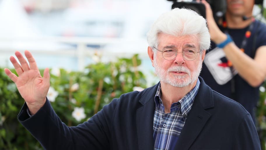 George Lucas attends a photocall as he is awarded the Palme D'Or D'Honneur at the 77th annual Cannes Film Festival at Palais des Festivals on May 24, 2024 in Cannes, France.