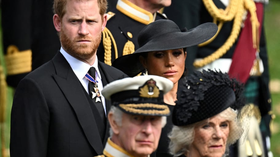 Meghan, Duchess of Sussex, reacts as she, Prince Harry, Duke of Sussex, Queen Camilla and King Charles attend the state funeral and burial of Britain's Queen Elizabeth.