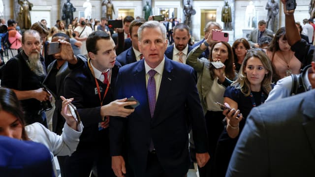House Speaker Kevin McCarthy (R-CA) speaks with reporters after opening the House floor.