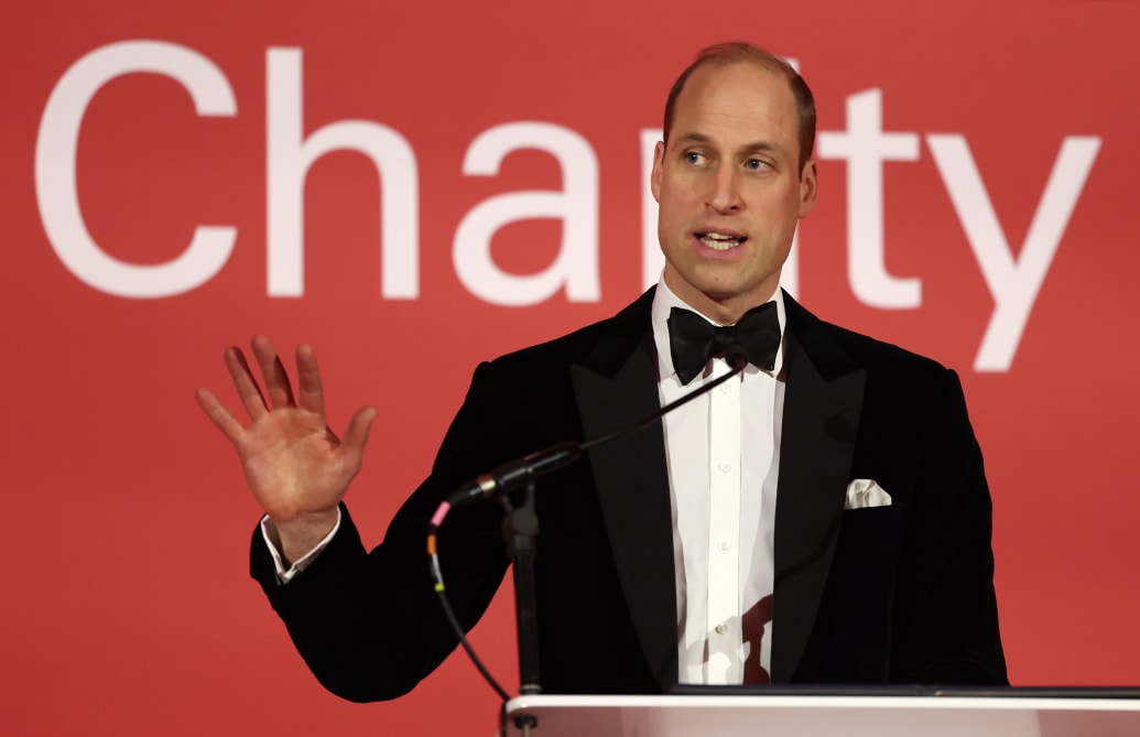 Britain's Prince William, Prince of Wales delivers a speech during the London Air Ambulance Charity Gala Dinner at The OWO on February 7, 2024 in London, England.