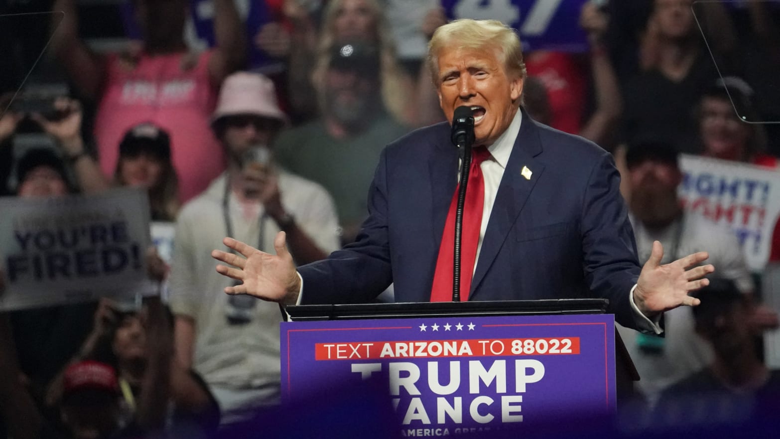 Former U.S. President Donald Trump speaks at a rally in Glendale, Arizona.