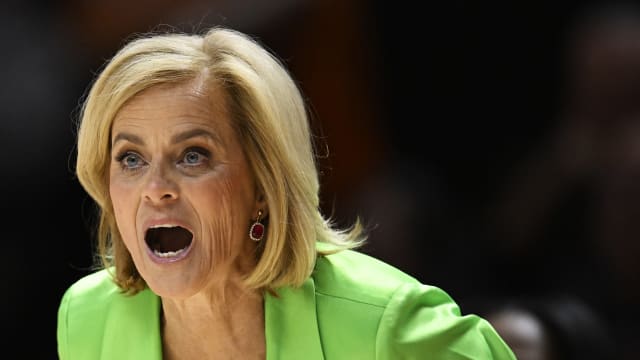 Head coach Kim Mulkey of the LSU Lady Tigers yells to her team against the Tennessee Lady Vols in the first quarter at Thompson-Boling Arena on February 25, 2024 in Knoxville, Tennessee.