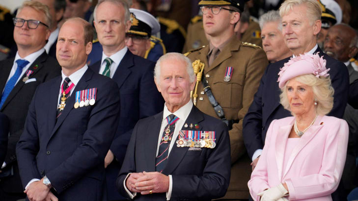 King Charles, Queen Camila and William, Prince of Wales, attend a D-Day national commemoration event in Portsmouth, Britain, June 5, 2024.
