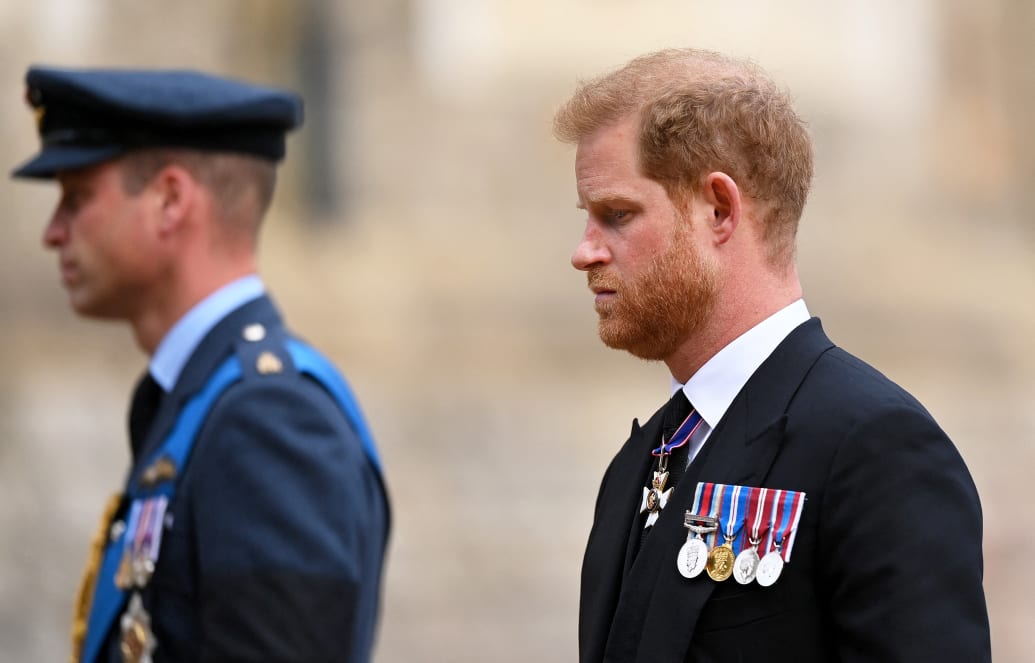 Prince Harry in front of Prince William who is wearing military uniform