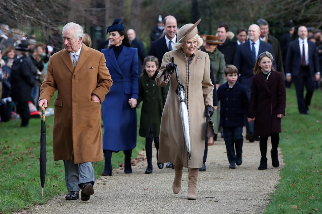 King Charles, Queen Camilla, Prince William, Kate Middleton, Prince George, Princess Charlotte, Prince Louis, and Mia Tindall arrive to attend the Royal Family's Christmas Day service at St. Mary Magdalene's church, December 25, 2023.