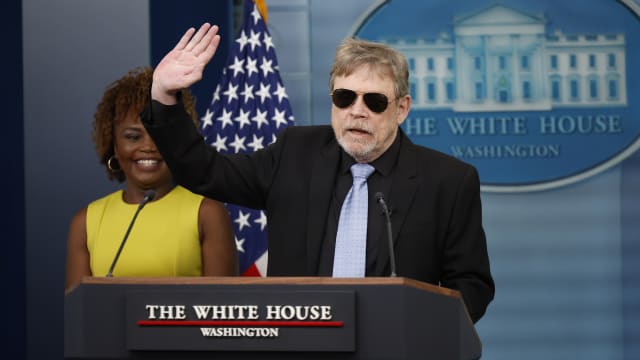 Actor Mark Hamill joins White House Press Secretary Karine Jean-Pierre at the daily press briefing at the White House on May 03, 2024 in Washington, DC.