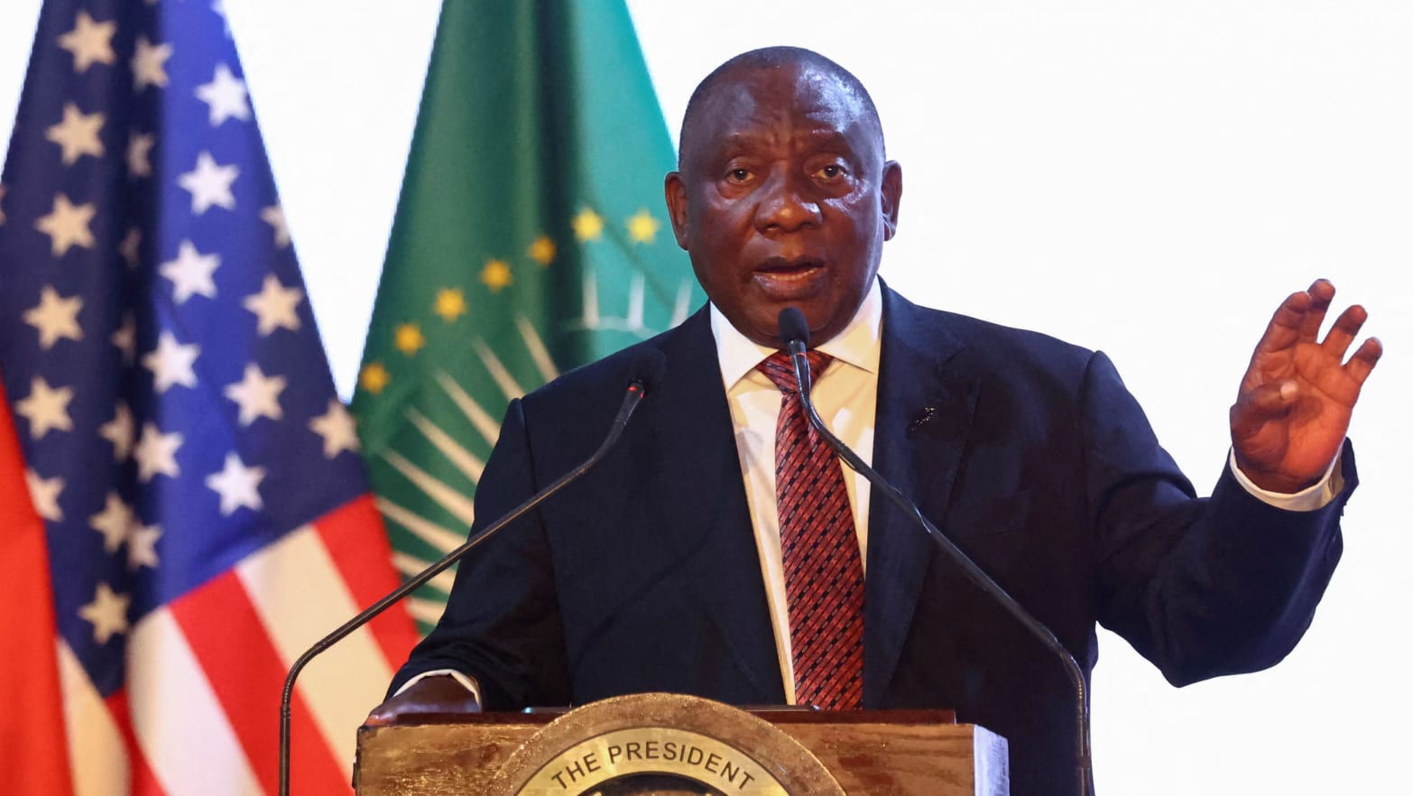 South African President Cyril Ramaphosa gestures during the opening of the U.S.-sub-Saharan Africa trade forum in Johannesburg, South Africa, Nov. 3, 2023.