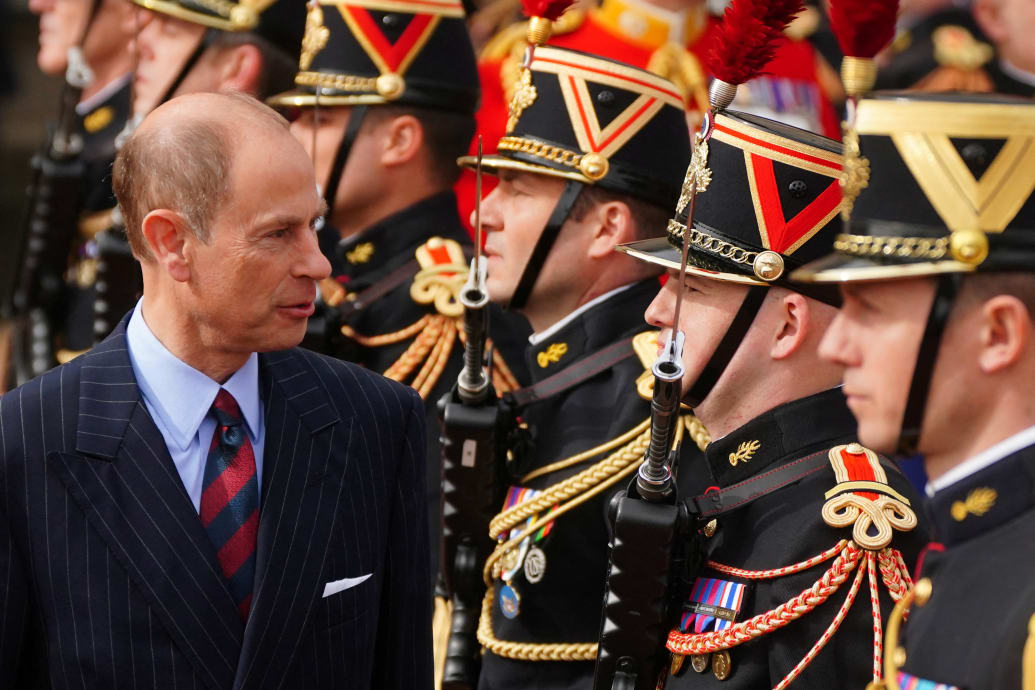 Britain's Prince Edward, Duke of Edinburgh, on behalf of King Charles III, looks on at the Changing of the Guard at Buckingham Palace, with France's Gendarmerie's Garde Republicaine taking part to commemorate the 120th anniversary of the Entente Cordiale.