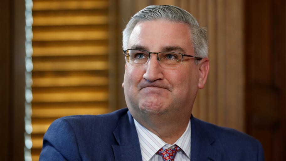 Indiana Gov. Eric Holcomb takes part in a meeting with Canadian Prime Minister Justin Trudeau on Parliament Hill in Ottawa, Ontario, Canada, March 26, 2018.