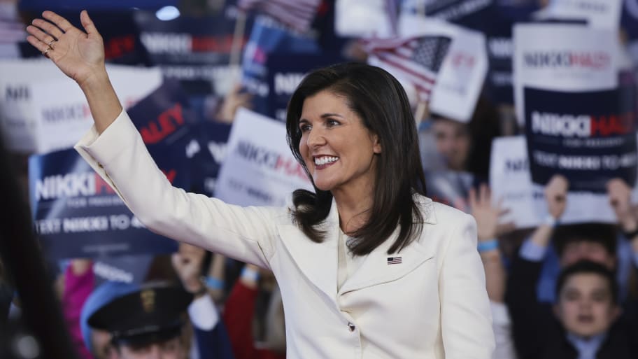 Republican presidential candidate Nikki Haley waves to supporters while arriving a ther first campaign event on February 15, 2023 in Charleston, South Carolina. 