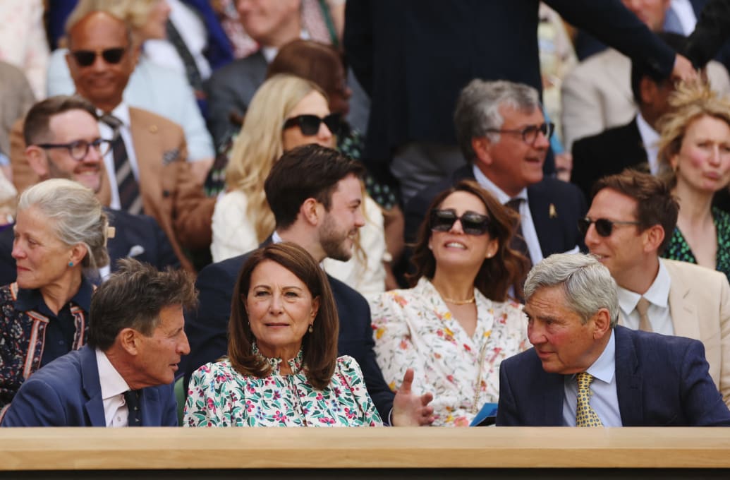 Carole Middleton and Michael Middleton are seen at the royal box on Wimbledon centre court ahead of the second round match between Serbia's Novak Djokovic and Britain's Jacob Fearnley.