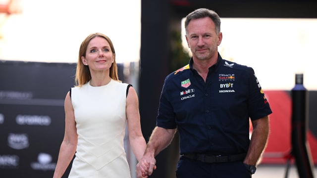 Oracle Red Bull Racing Team Principal Christian Horner and Geri Horner holding hands prior to the F1 Grand Prix of Bahrain at Bahrain International Circuit on March 02, 2024 in Bahrain.