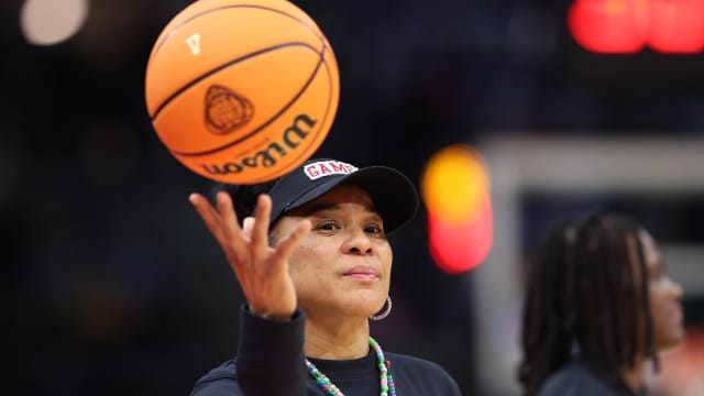 Head coach Dawn Staley of the South Carolina Gamecocks looks on during an open practice session ahead of the 2024 NCAA Women's Basketball Final Four National Championship on April 06, 2024 in Cleveland, Ohio.