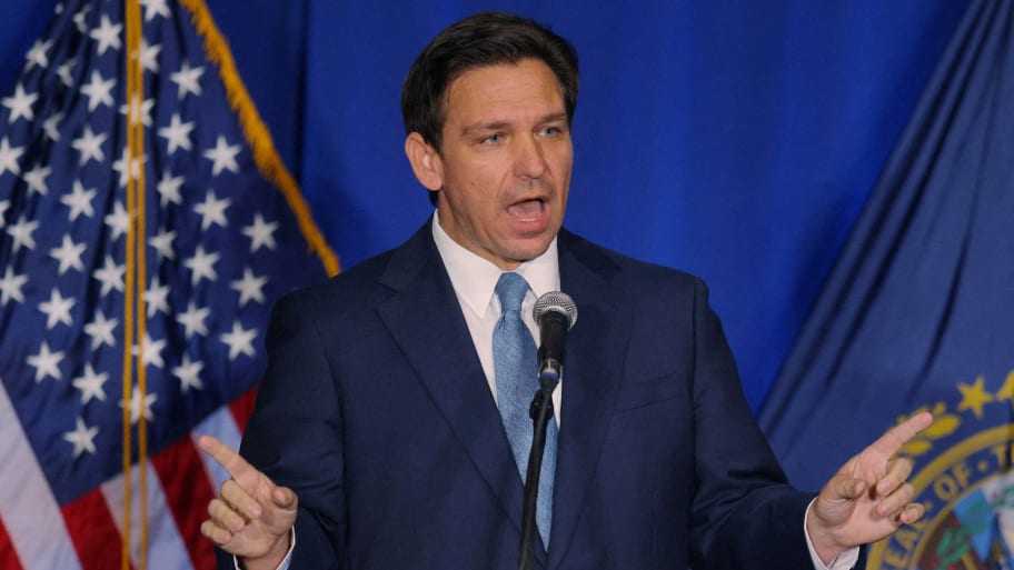 Florida Governor Ron DeSantis speaks at the 2023 NHGOP Amos Tuck Dinner in Manchester, New Hampshire, U.S., April 14, 2023.    