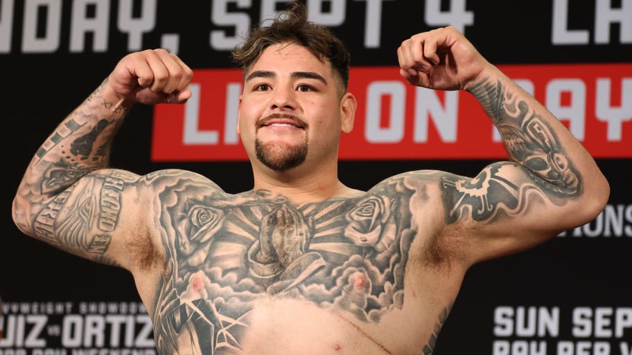 Andy Ruiz Jr. poses during an Andy Ruiz Jr v Luis Ortiz weigh-in at the JW Marriott LA Live on September 03, 2022 in Los Angeles, California.