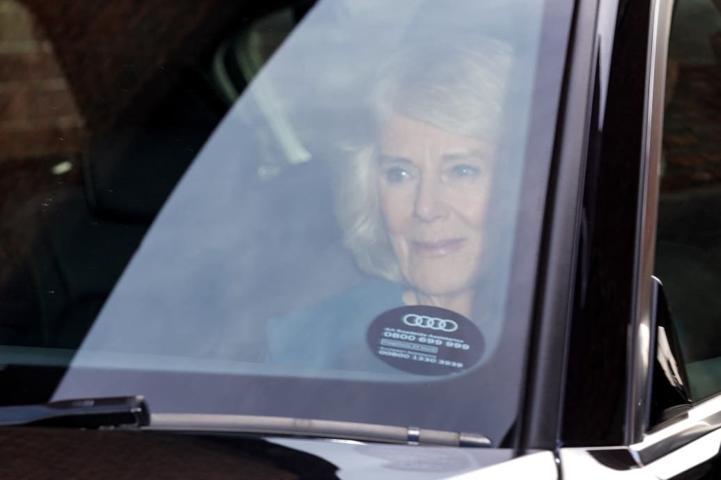 Britain's Queen Camilla sits in a car as she arrives at the London Clinic where Britain's King Charles has been receiving treatment for an enlarged prostate, in London, Britain, January 28, 2024.