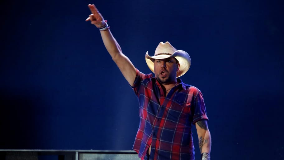 Jason Aldean performs during the iHeartRadio Music Festival at T-Mobile Arena in Las Vegas, Nevada.
