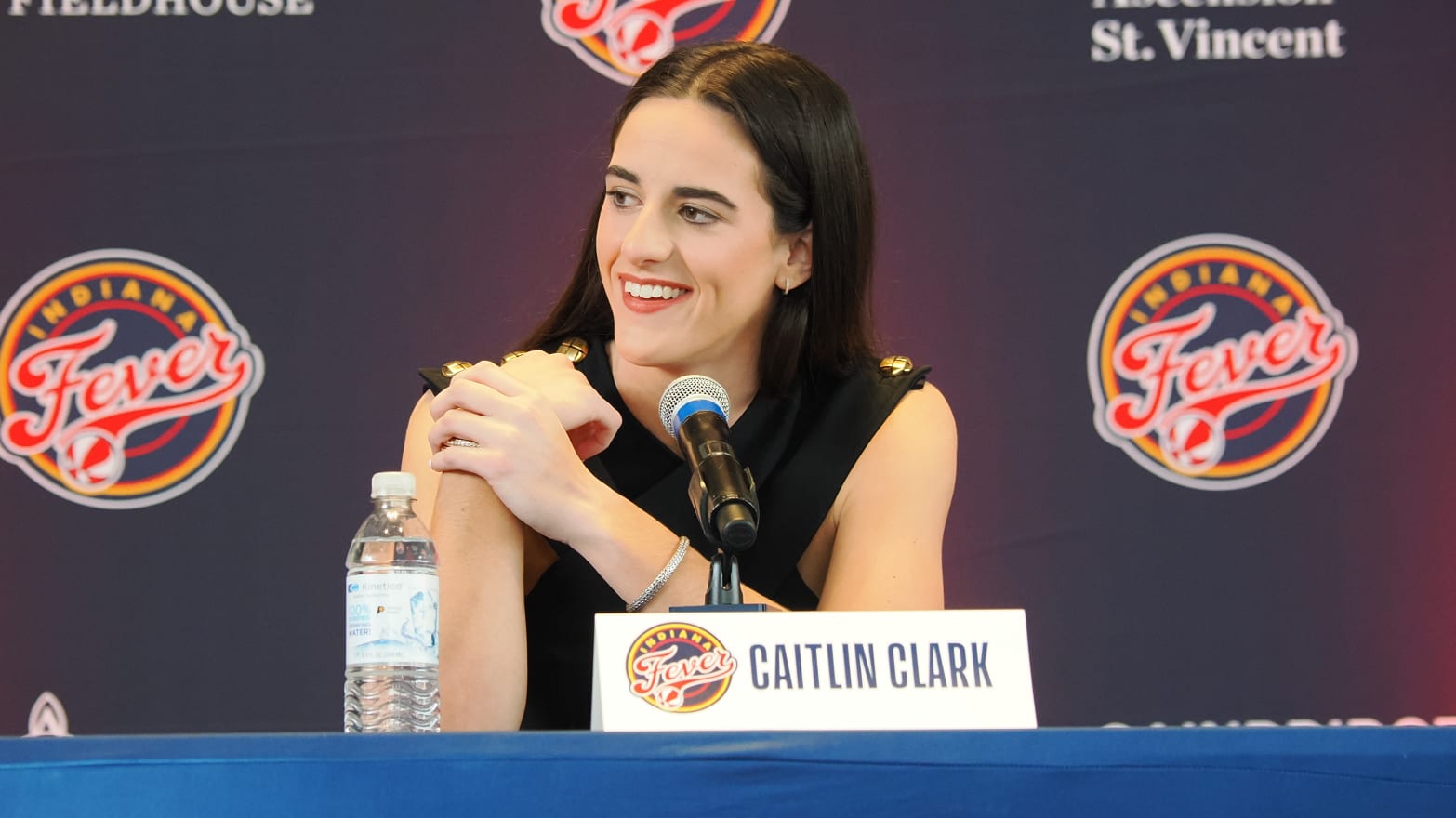 Caitlin Clark of the Indiana Fever talks to the media during an introductory press conference on April 17, 2024 at Gainbridge Fieldhouse in Indianapolis, Indiana.