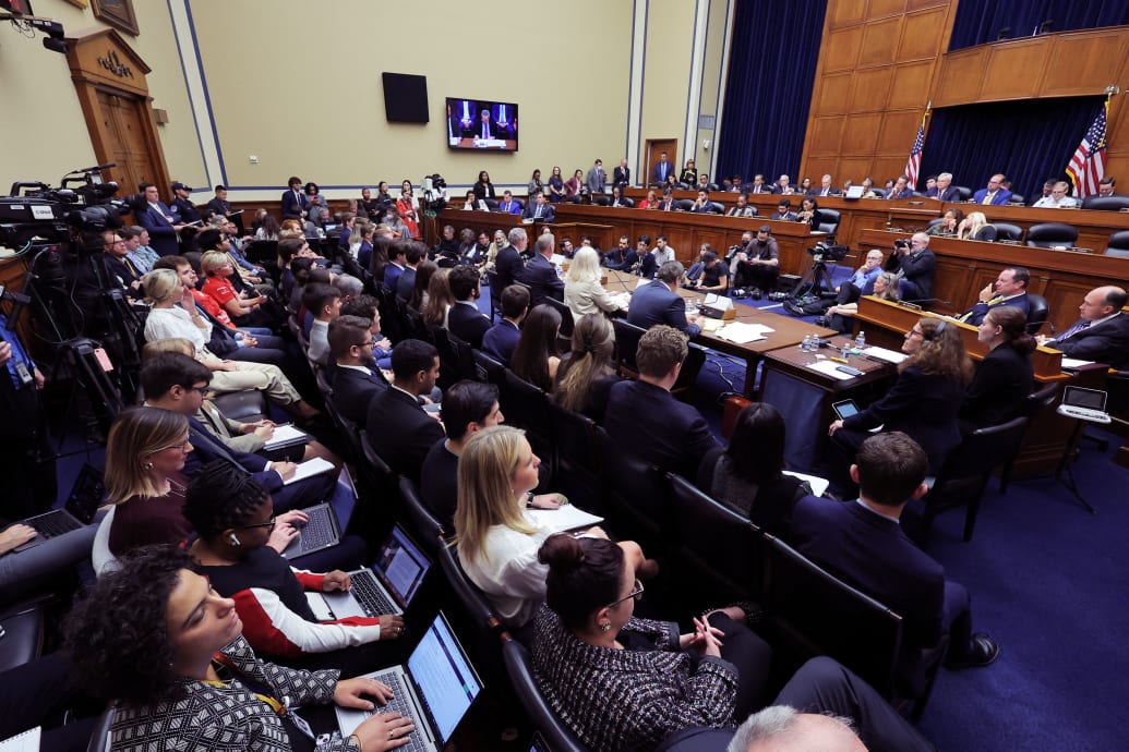 A photograph of the House Oversight and Accountability Committee impeachment inquiry hearing into U.S. President Joe Biden, focused on his son Hunter Biden's foreign business dealings.