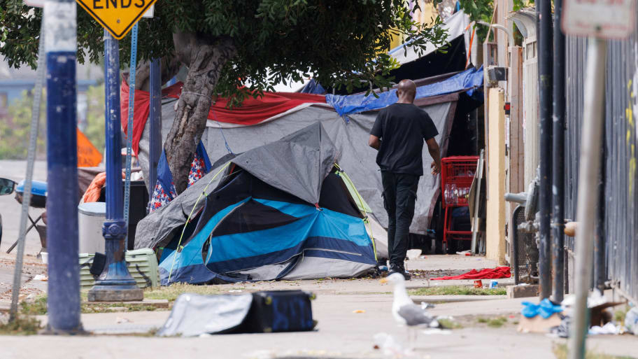 A sidewalk filled with tents is shown in San Diego, California, U.S., July, 31,2023.  