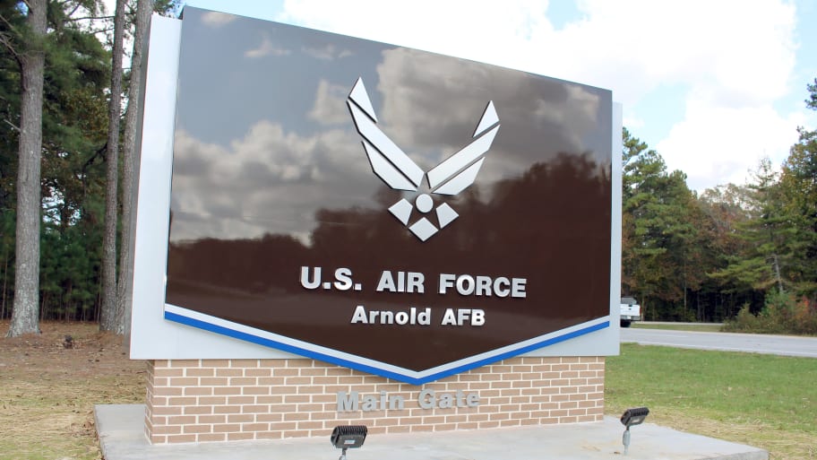 The front gate to Arnold Air Force Base in Tennessee.