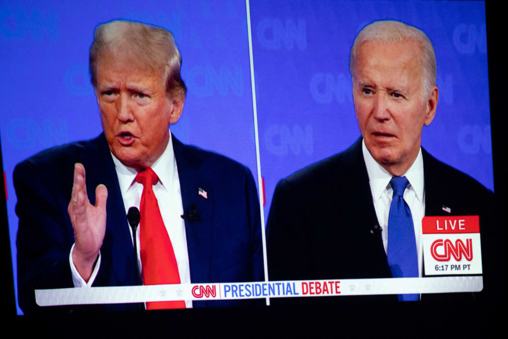 Split screen showing Donald Trump and Joe Biden at their Atlanta debate. Trump is gesticulating and Biden appears frozen