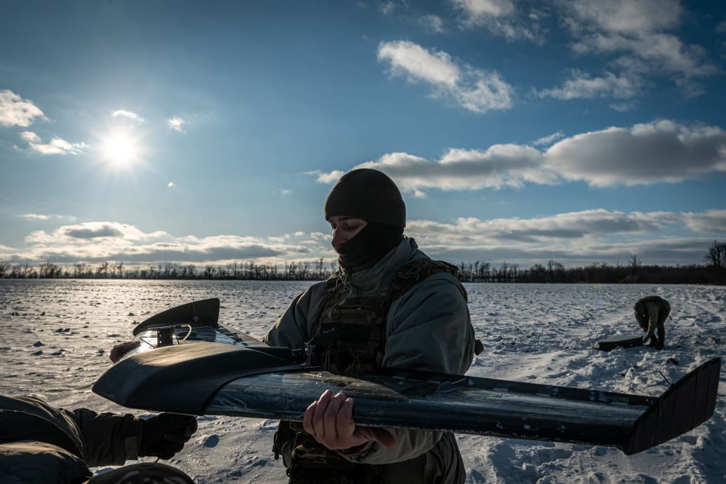 Ukrainian soldiers prepare a long range drone near the Bakhmut frontline, in Donetsk Oblast, Ukraine on January 12, 2024.
