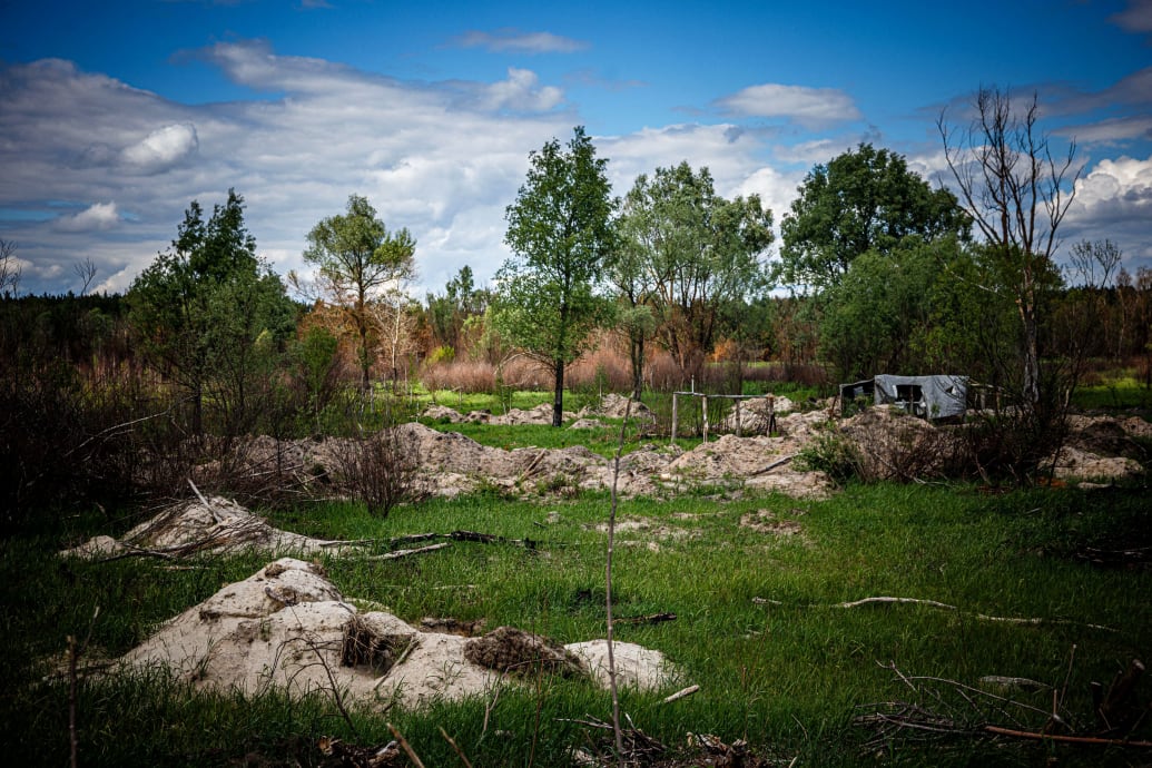 A photograph of the roadblock and trenches made by Russian soldiers near the Red Forest  within the Chernobyl Nuclear Power Plant's Exclusion Zone on May 29, 2022, during the Russian invasion of Ukraine.