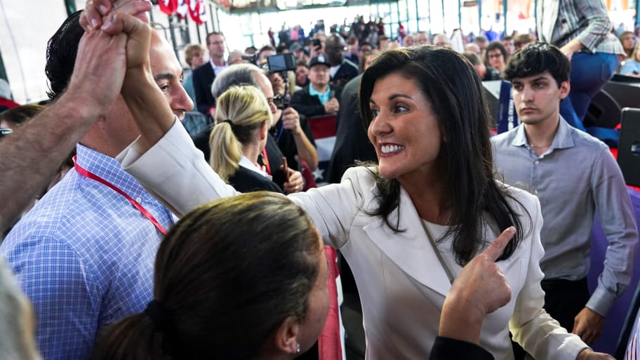 Former U.S. Ambassador to the United Nations Nikki Haley meets with supporters as she announces her run for the 2024 Republican presidential nomination at a campaign event in Charleston, South Carolina.