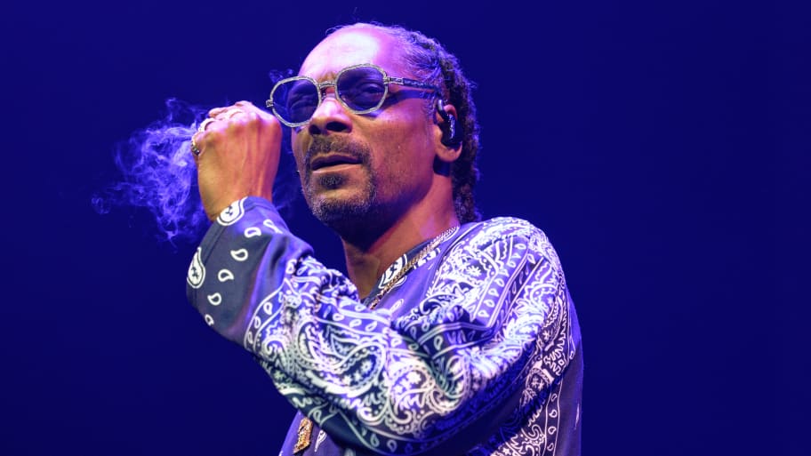 Rapper Snoop Dogg is on stage during a concert 