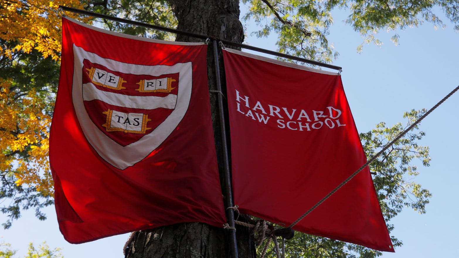 Banners for Harvard Law School fly during the inauguration of Lawrence Bacow as the 29th President of Harvard University in Cambridge