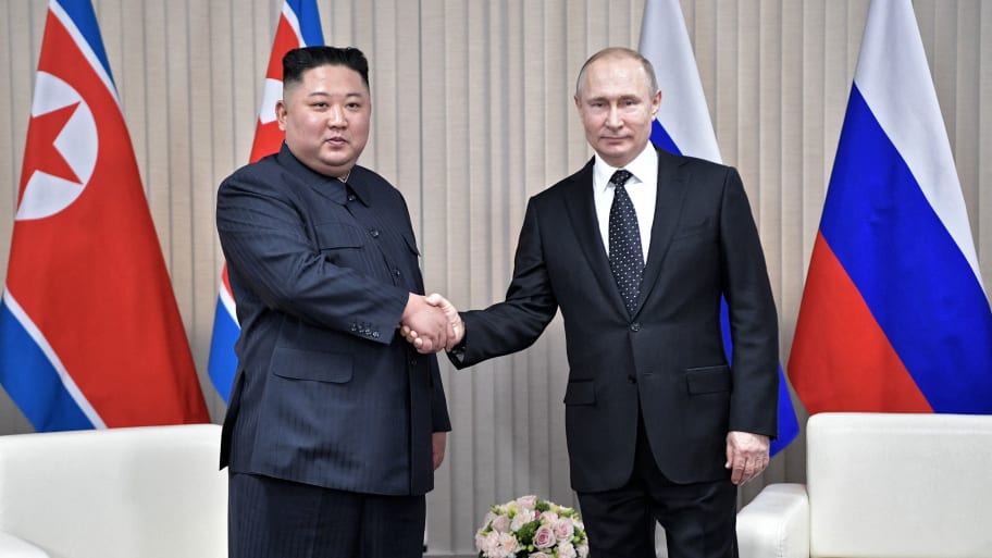 Russian President Vladimir Putin meets with North Korean leader Kim Jong Un at the Far Eastern Federal University campus.