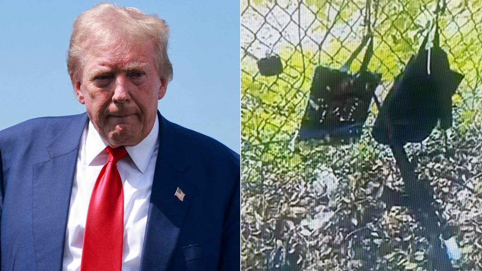 Former President Donald Trump, left, and a backpack left by a gunman on the former president’s golf course.