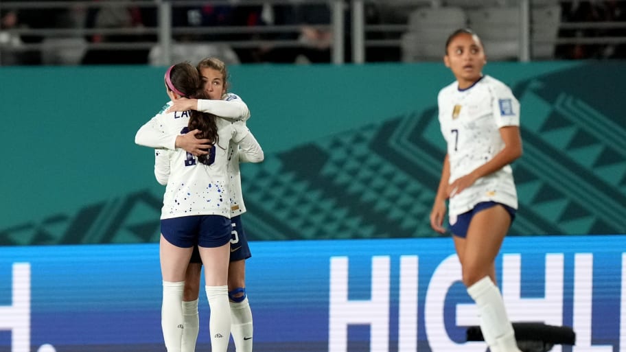 United States defender Kelley O'Hara (5) and midfielder Rose Lavelle (16) react after a group stage match against Portugal during the 2023 FIFA Women's World Cup at Eden Park.