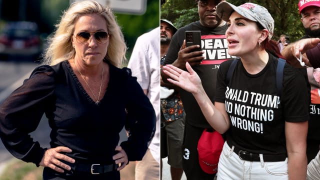 Split-screen shot of Marjorie Taylor Greene and Laura Loomer