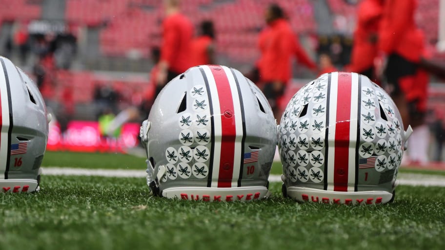 Ohio State Buckeyes' helmets prior to a game against the Wisconsin Badgers at Ohio Stadium.