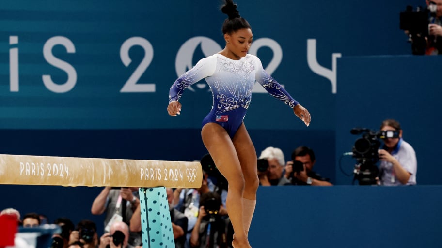 Simone Biles fell off the beam during a nervy final at the Paris Olympics. 