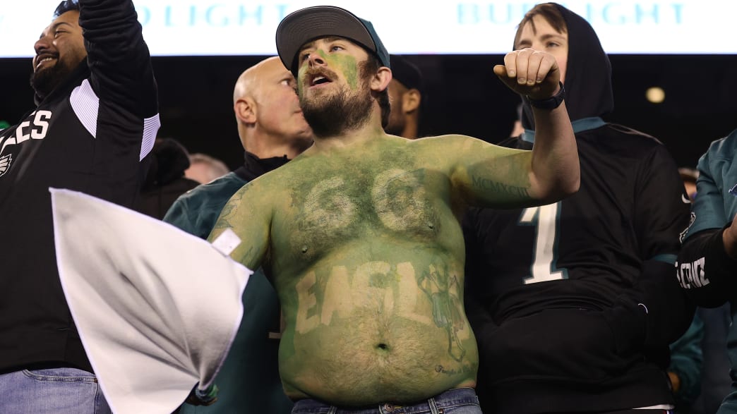 A Philadelphia Eagles fan celebrates in the NFC Championship Game between the San Francisco 49ers and the Philadelphia Eagles at Lincoln Financial Field.