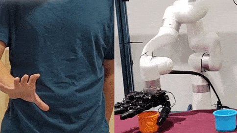 A robotic hand stacking cups. 