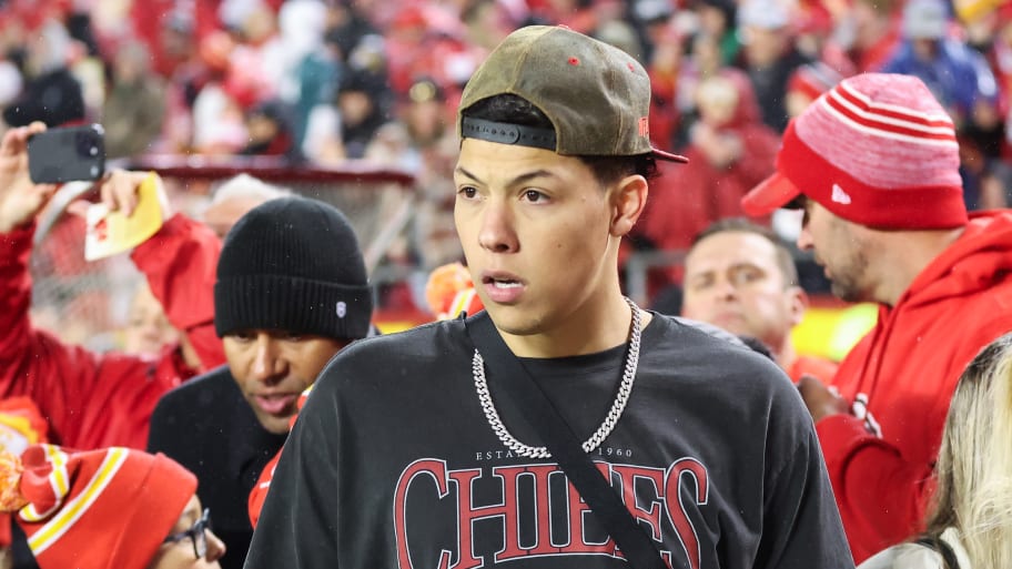 Jackson Mahomes on the sidelines before an NFL football game between the Philadelphia Eagles and Kansas City Chiefs on Nov 20, 2023
