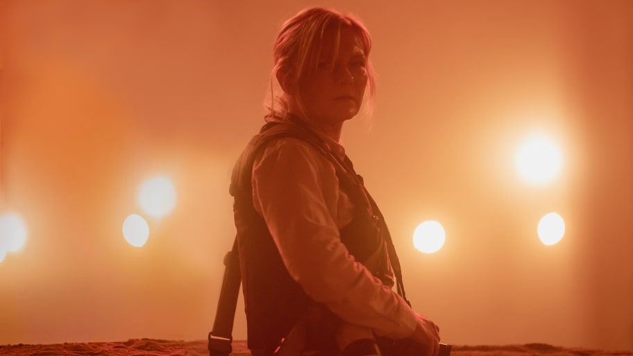 View of American actress Kirsten Dunst (in costume as Lee) in the film 'Civil War' (directed by Alex Garland), May 13, 2022.