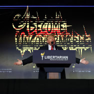  Former U.S. President and Republican presidential candidate Donald Trump addresses the Libertarian Party National Convention at the Washington Hilton on May 25, 2024 in Washington, DC.