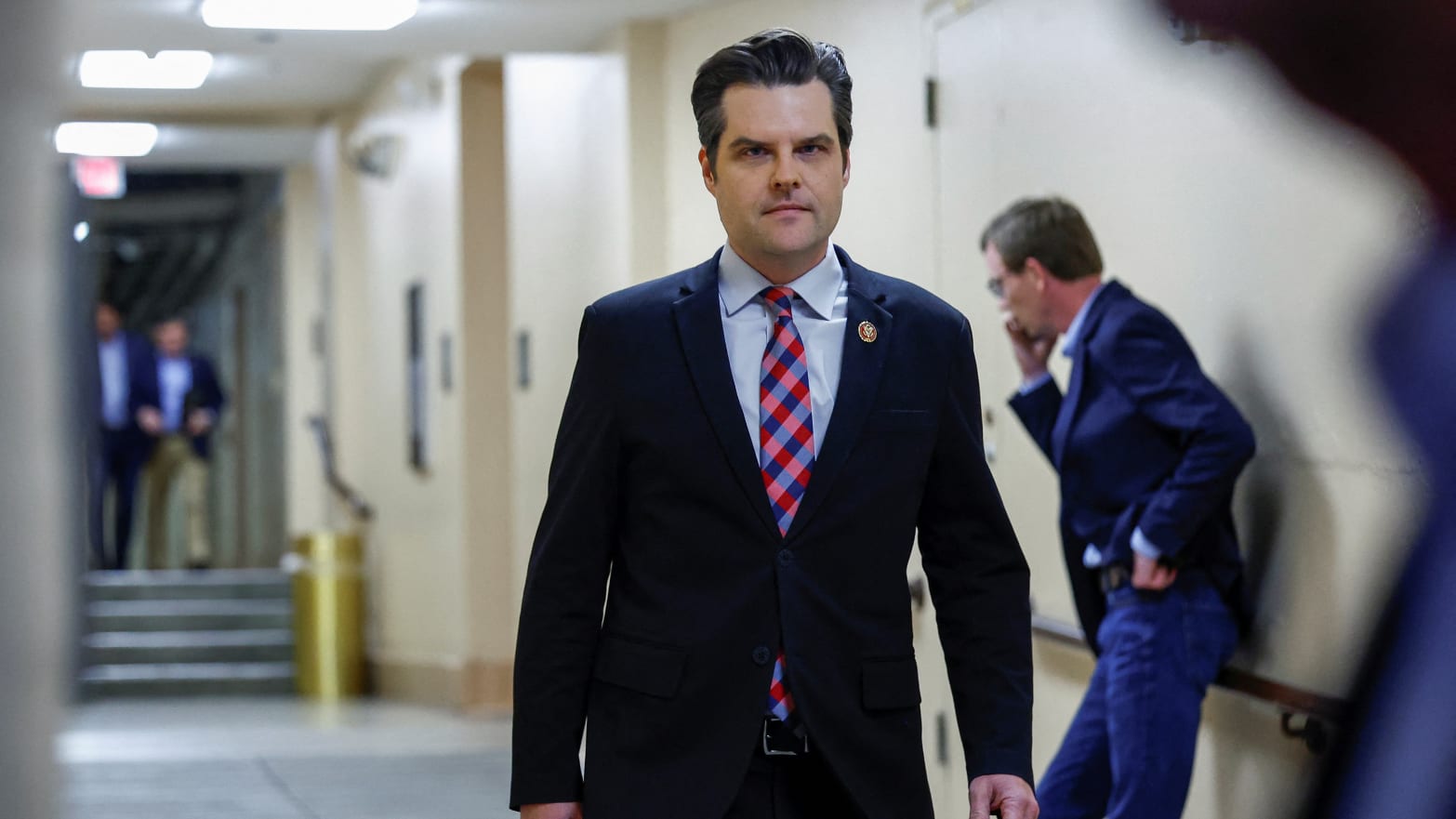Rep. Matt Gaetz (R-FL) walks to a House Republican Conference meeting as Republicans work towards electing a new Speaker of the House