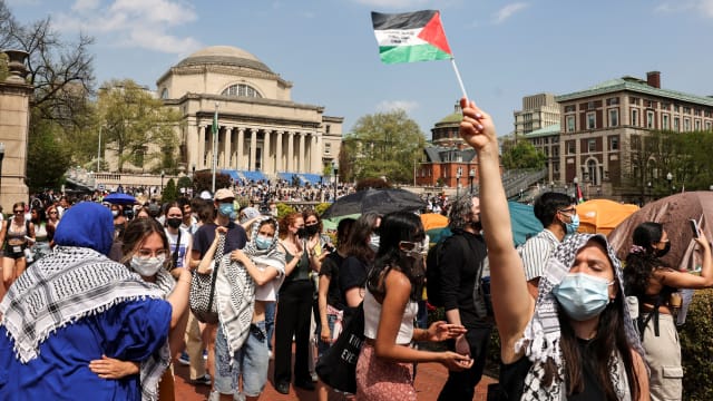 Students march and rally on Columbia University campus in support of a protest encampment supporting Palestinians, in New York City, U.S., April 29, 2024.