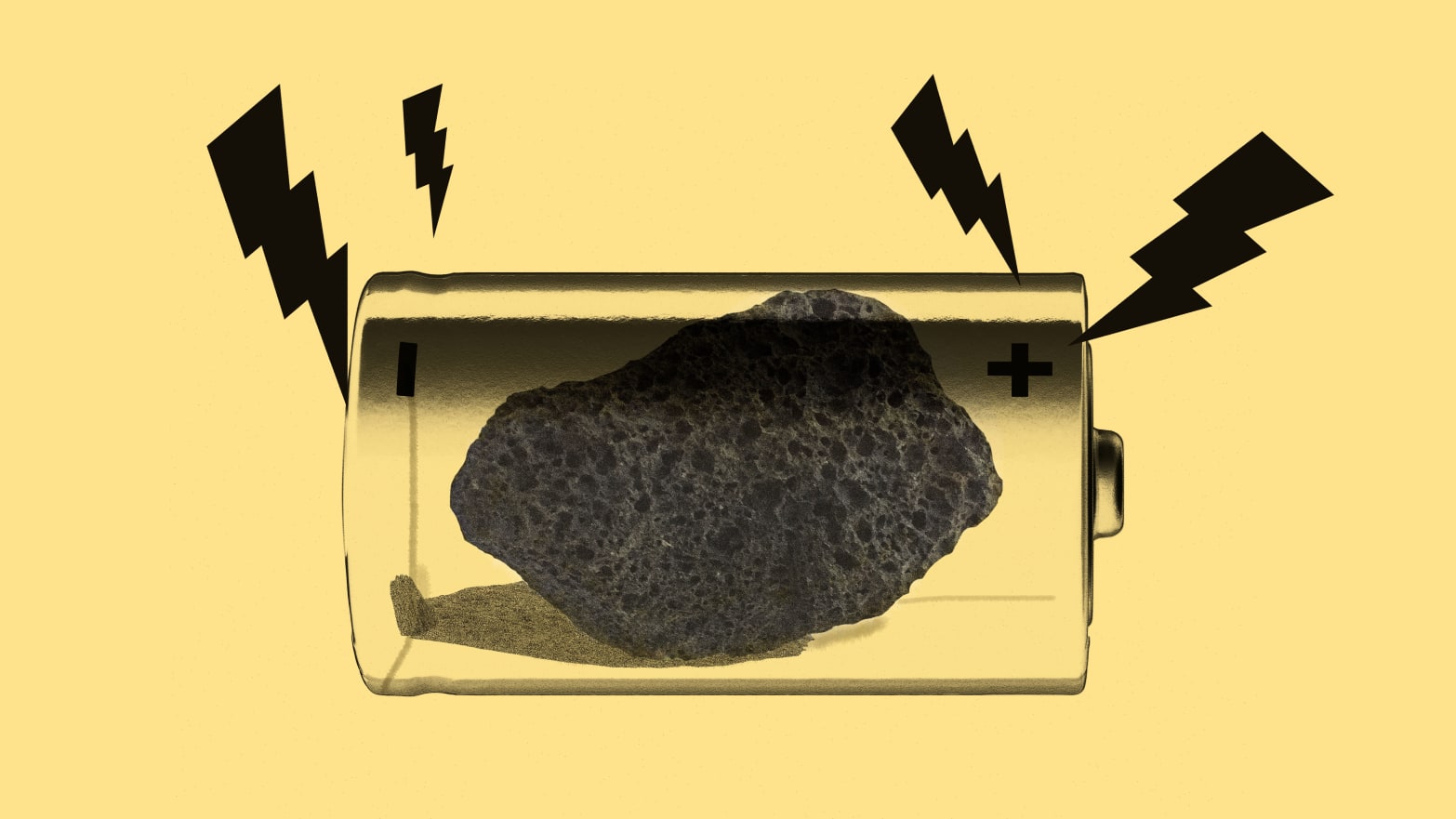 A photo illustration showing a rock as a battery.