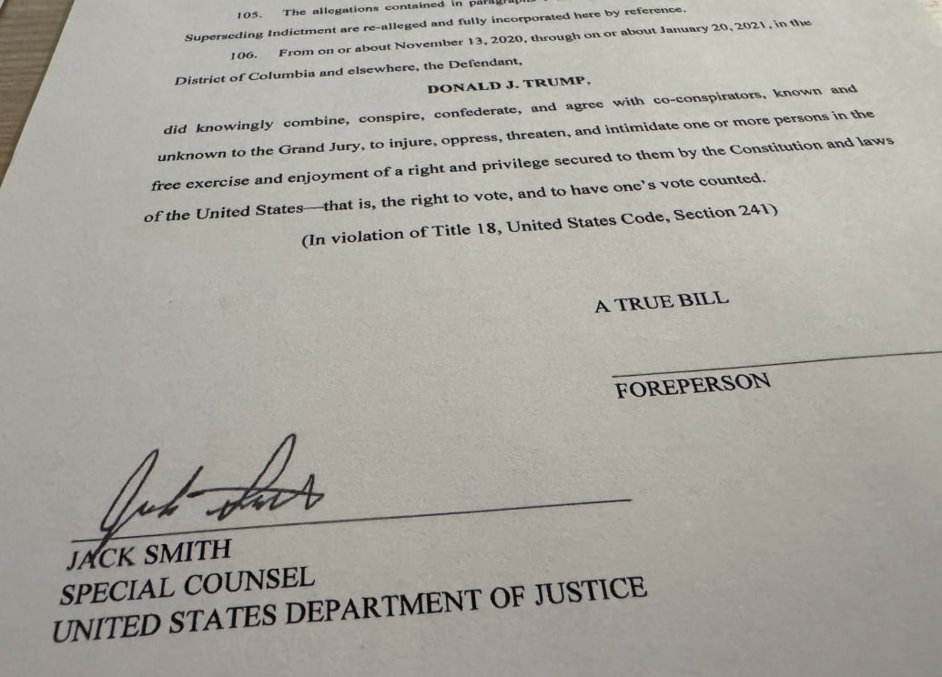 Special Counsel Jack Smith's signature is seen on a revised indictment in the 2020 election subversion case against Donald Trump after U.S. prosecutors obtained the indictment in Washington, U.S., August 27, 2024. 