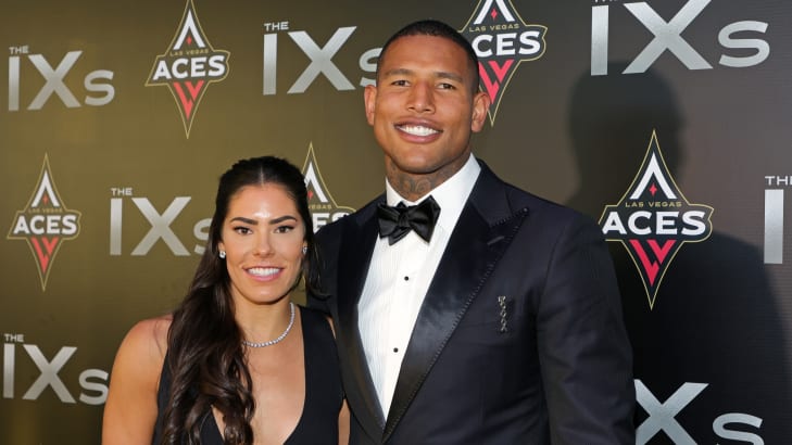 WNBA player Kelsey Plum (L) of the Las Vegas Aces and tight end Darren Waller of the Las Vegas Raiders attend the inaugural IX Awards at Allegiant Stadium on June 17, 2022 in Las Vegas, Nevada.