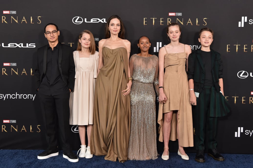 Maddox Jolie-Pitt, Vivienne Jolie-Pitt, Angelina Jolie, Knox Jolie-Pitt, Shiloh Jolie-Pitt, and Zahara Jolie-Pitt attend the Los Angeles Premiere of Marvel Studios' Eternals